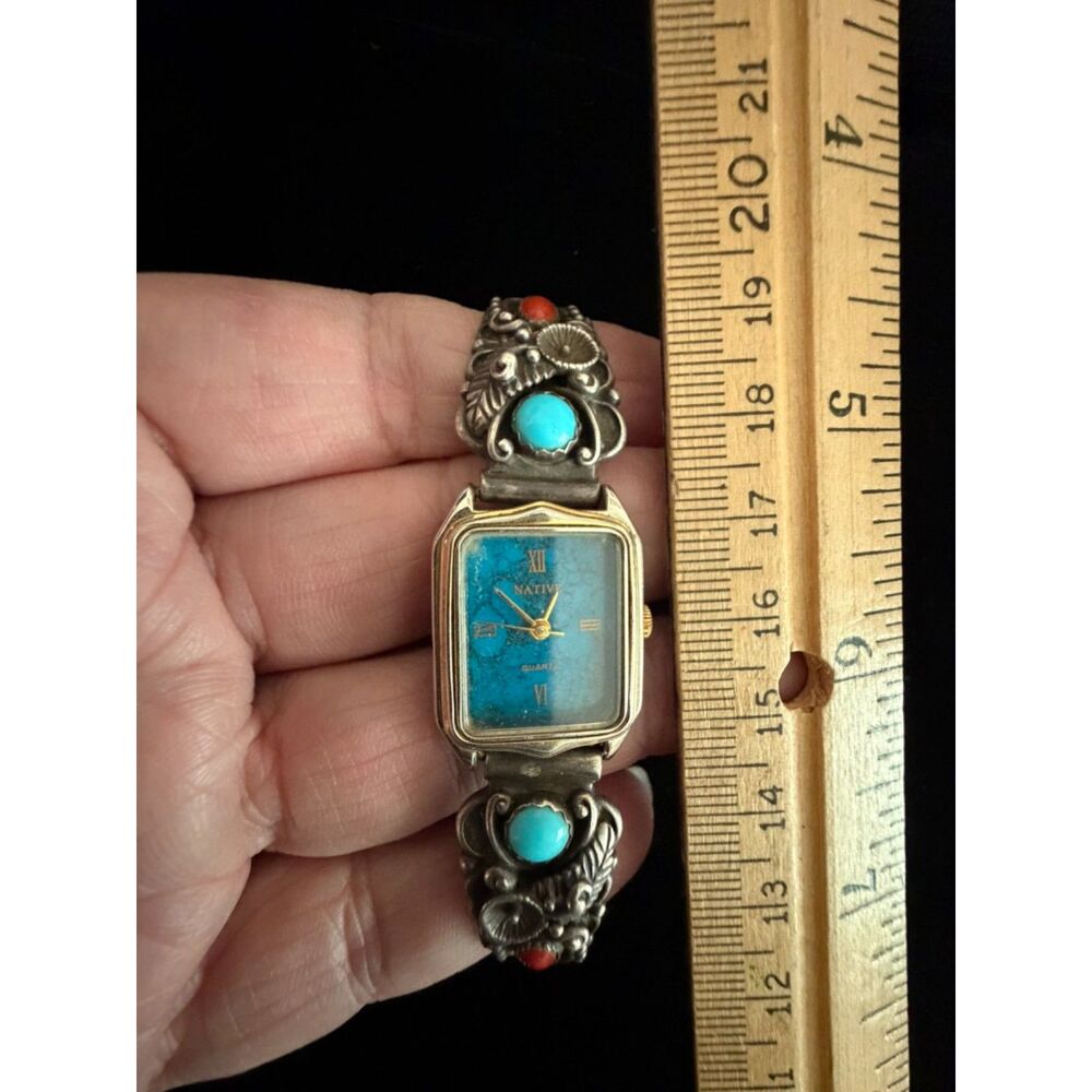 Vtg Native american 925 Sterling watch with turquoise and coral lays